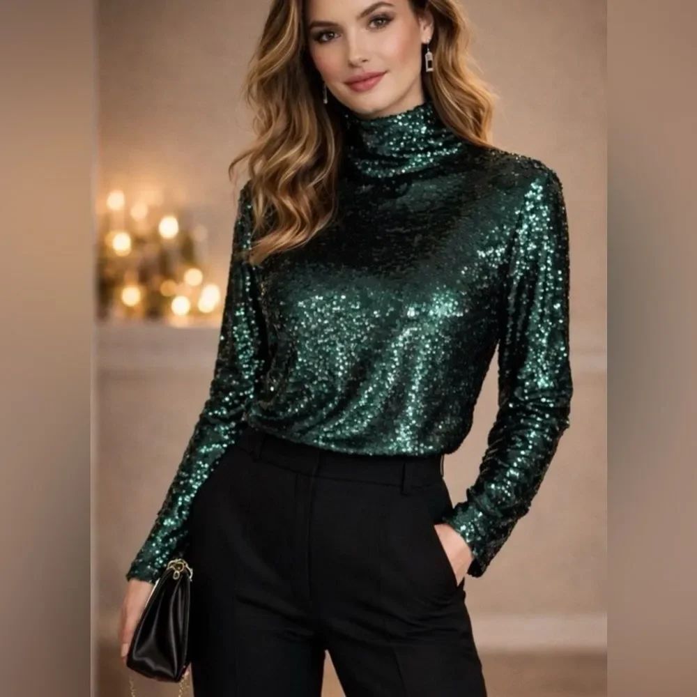 ZARA Sequin Turtleneck Top Bottle Green Size L